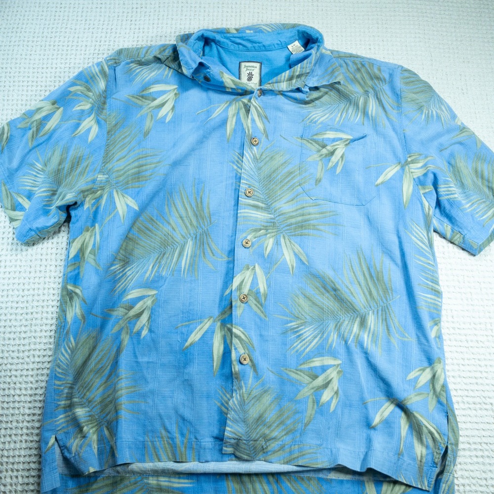 Jamaica Jaxx Mens Large Blue 100% Silk Palm Leaf Tropical Camp Shirt SS
